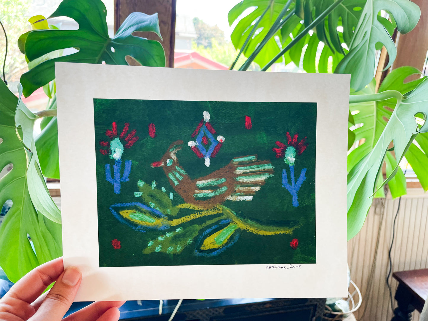 Green Folk Bird Art Print