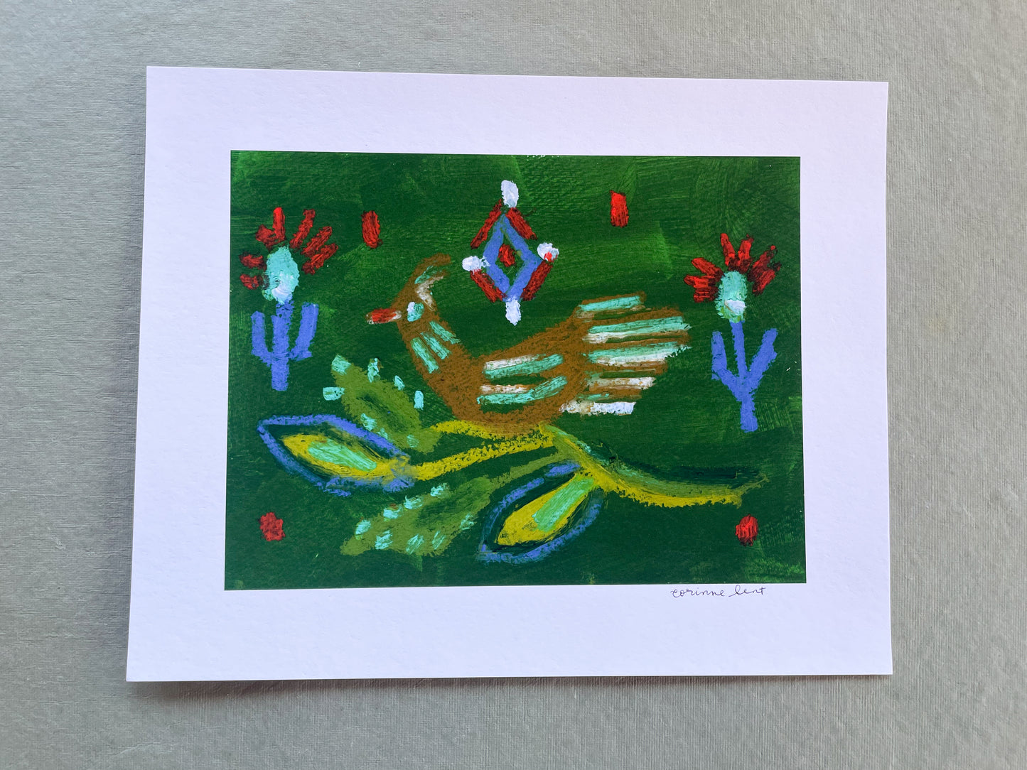 Green Folk Bird Art Print