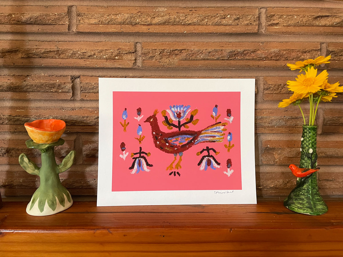 Pink Folk Bird Art Print