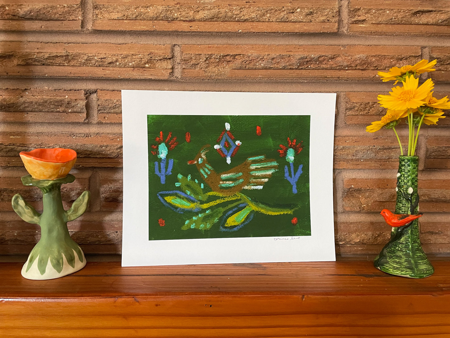 Green Folk Bird Art Print