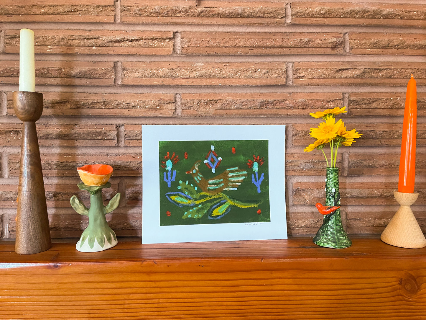 Green Folk Bird Art Print