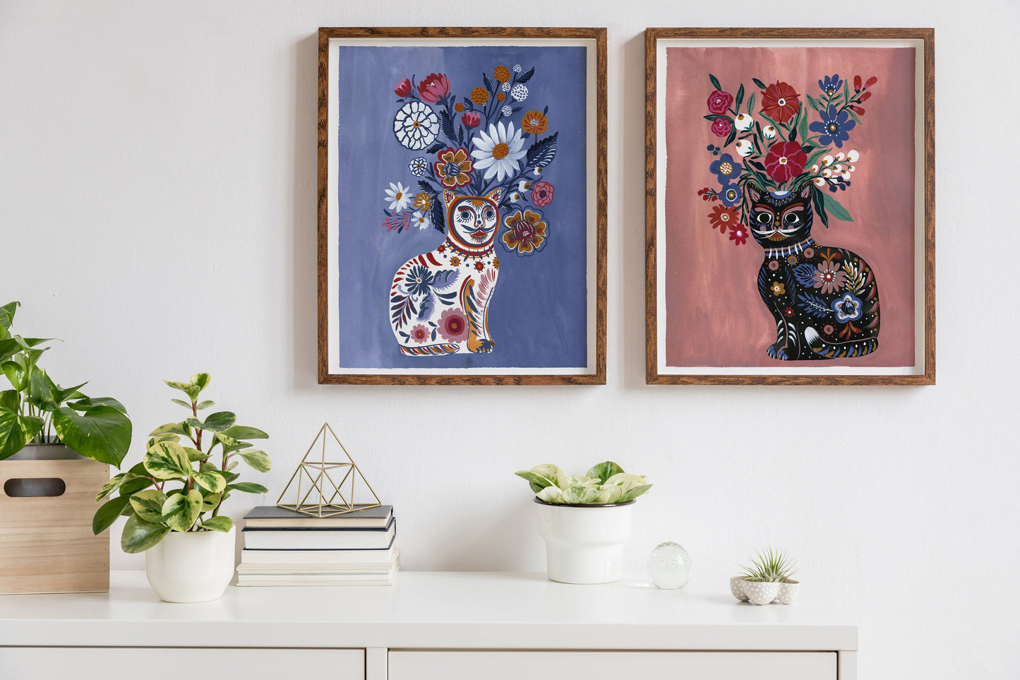 White Cat Vase and Flowers Art Print