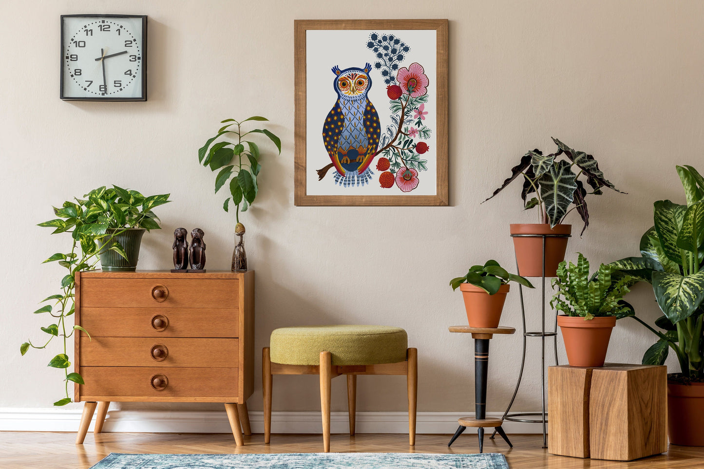 Folk Owl and Decorative Floral Tree Art Print