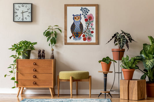 Folk Owl and Decorative Floral Tree Art Print