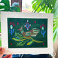 Green Folk Bird Art Print