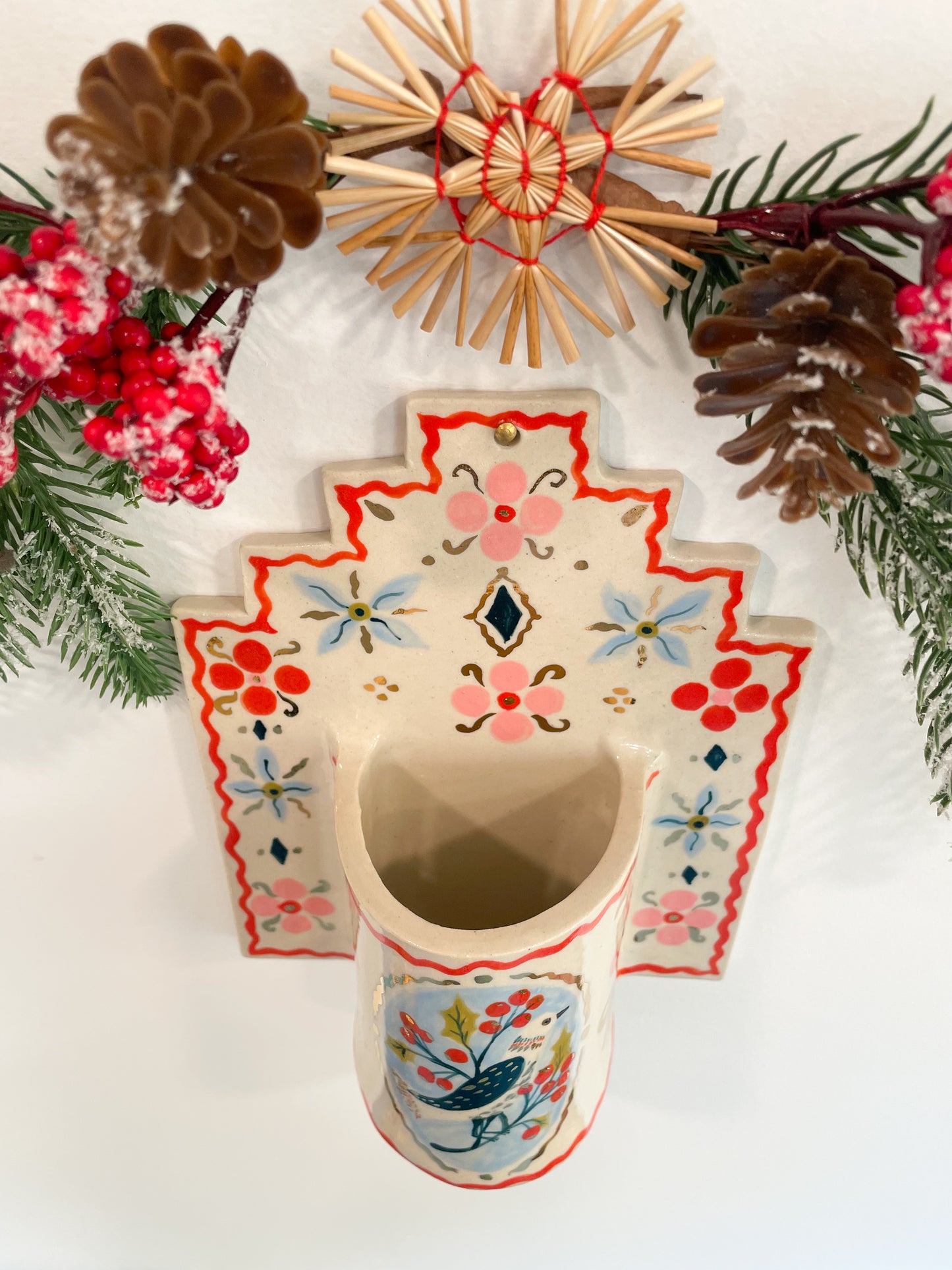 Folk Bird Wall Vase w/22kgold