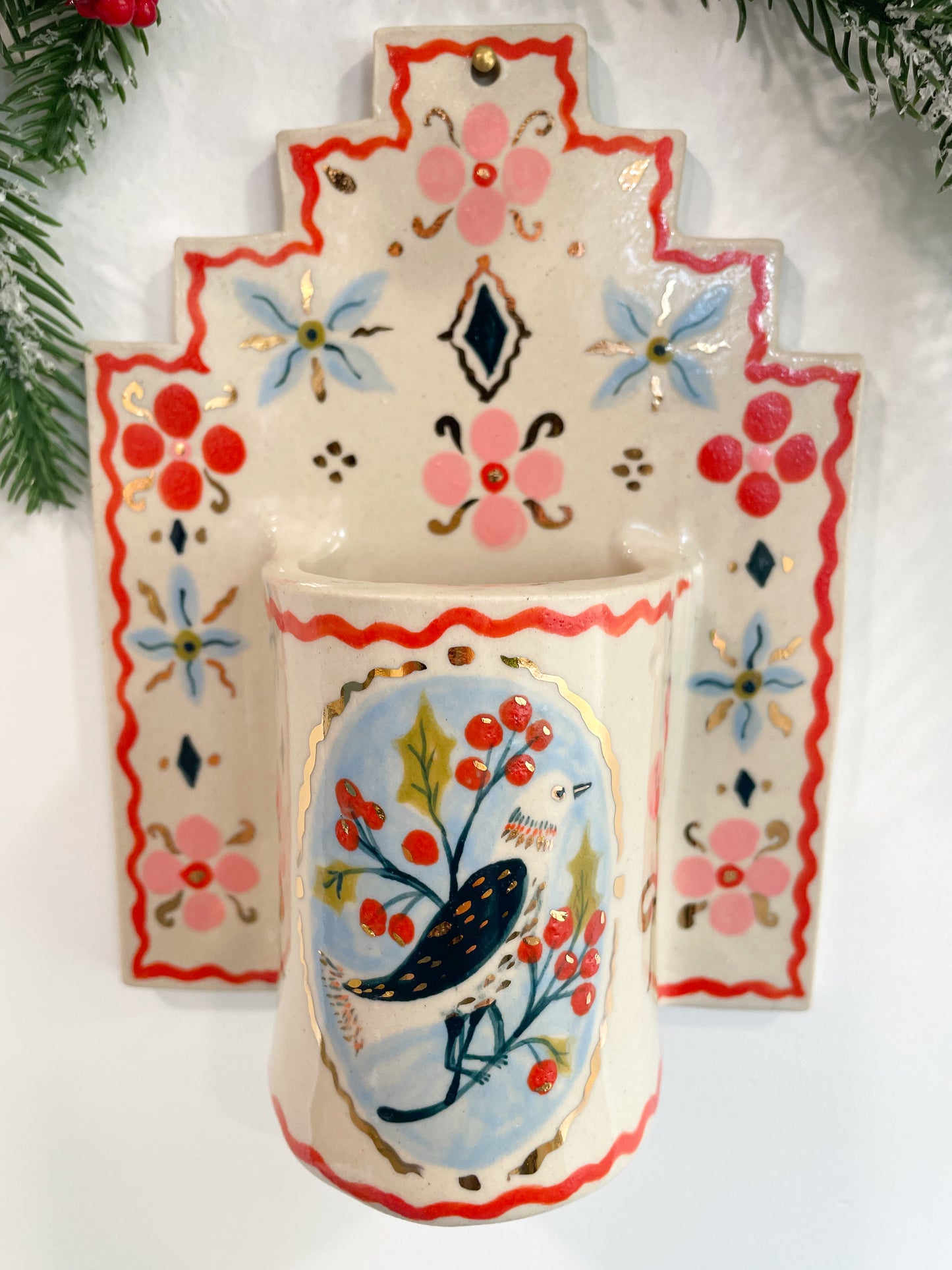 Folk Bird Wall Vase w/22kgold