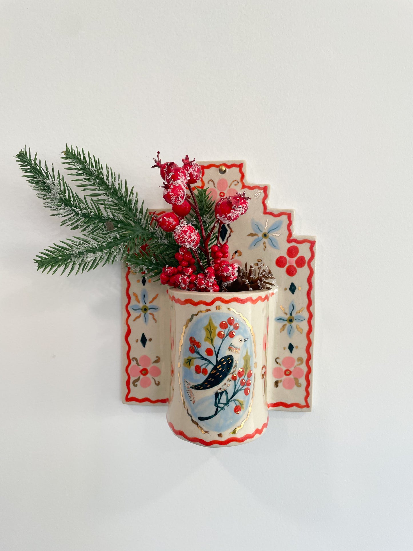 Folk Bird Wall Vase w/22kgold