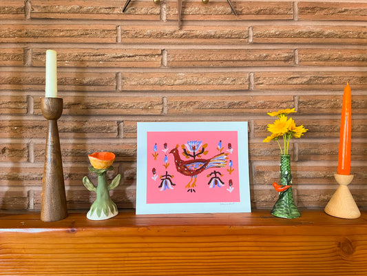 Pink Folk Bird Art Print