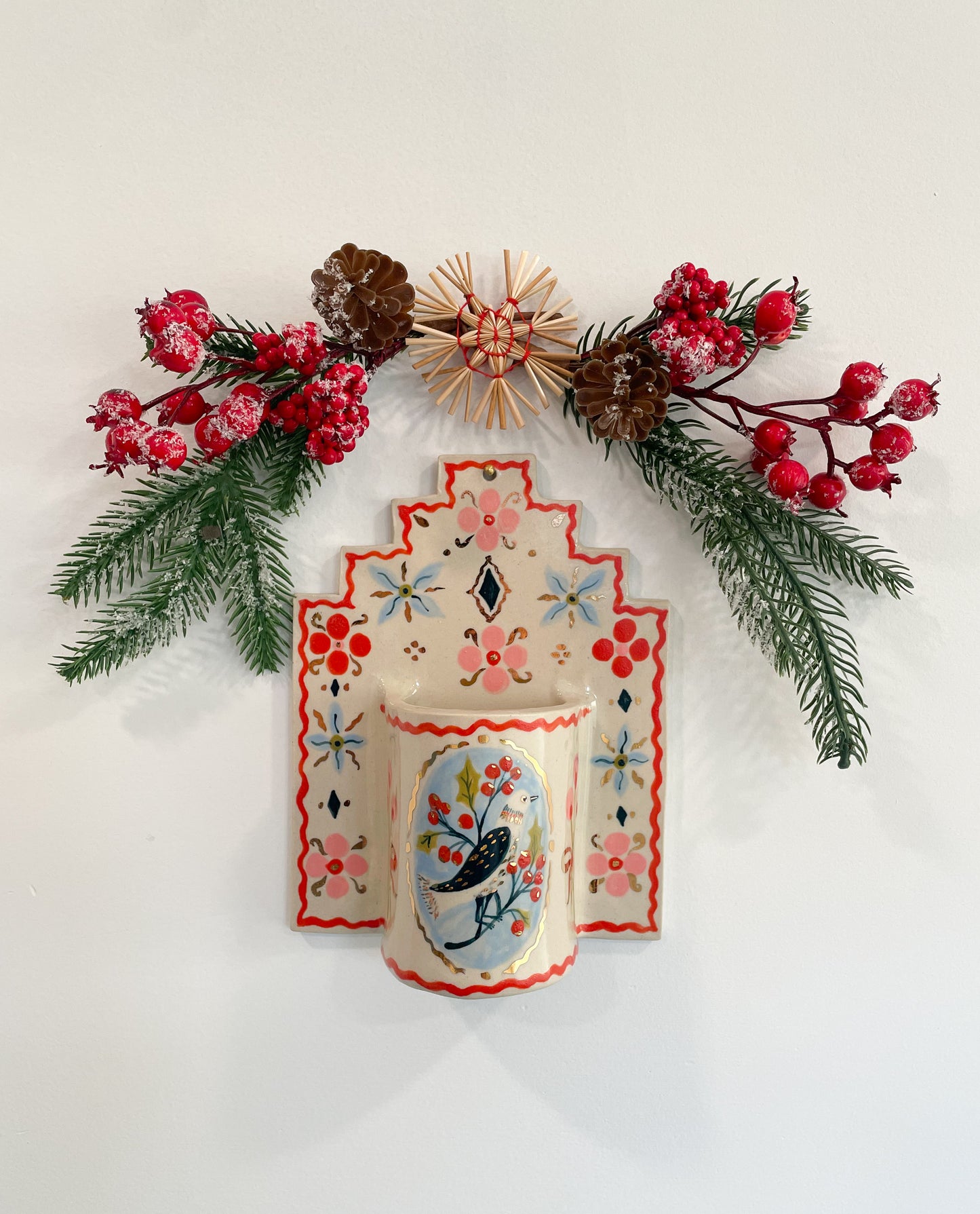 Folk Bird Wall Vase w/22kgold