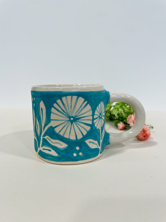 Folk Bird & Floral Mug~turquoise 12oz