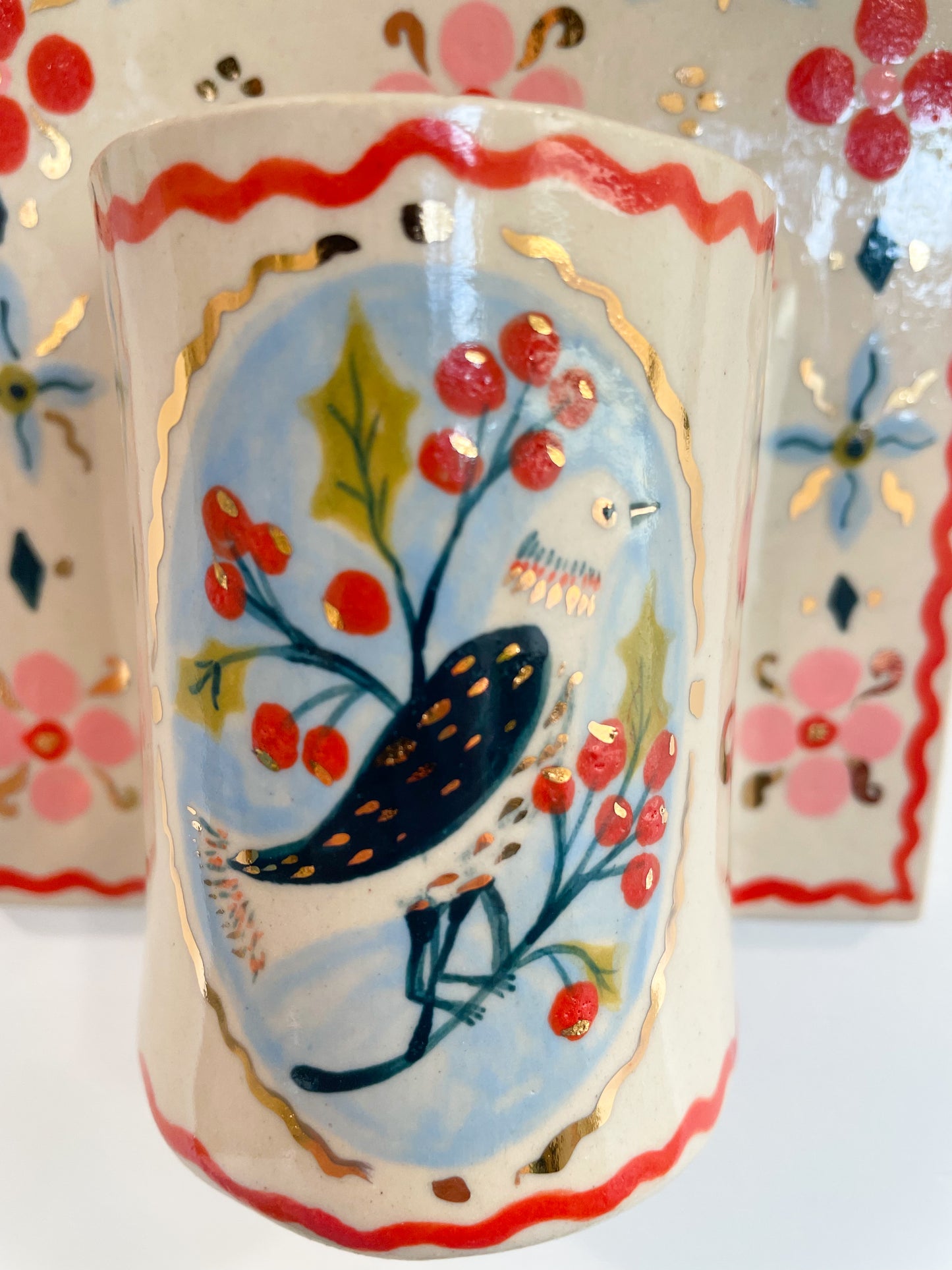 Folk Bird Wall Vase w/22kgold