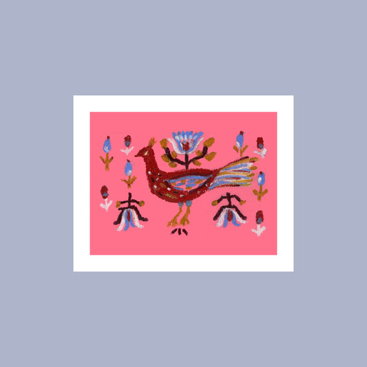 Pink Folk Bird Art Print