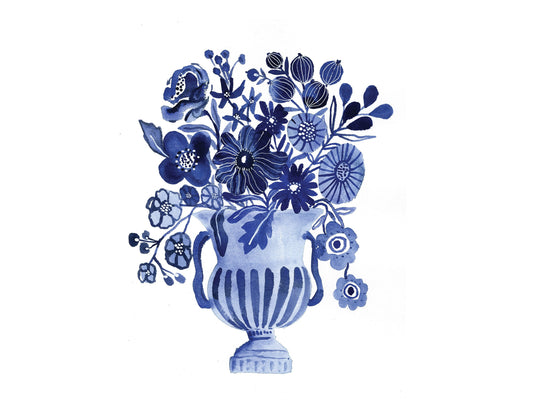 Blue Watercolor Folk Floral Bouquet- Art Print