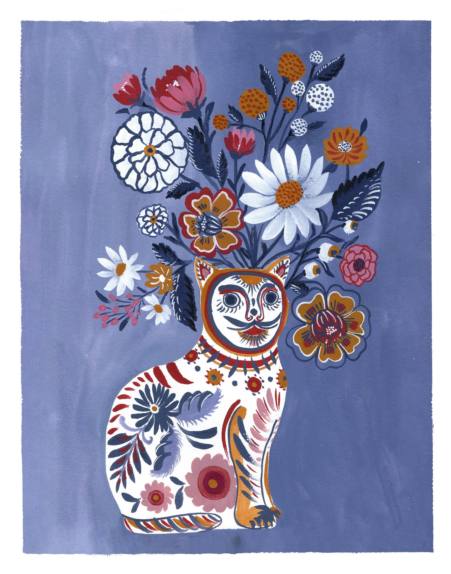 Ceramic Folk Cat Vase and Flowers -white- Art Print by Corinne Lent