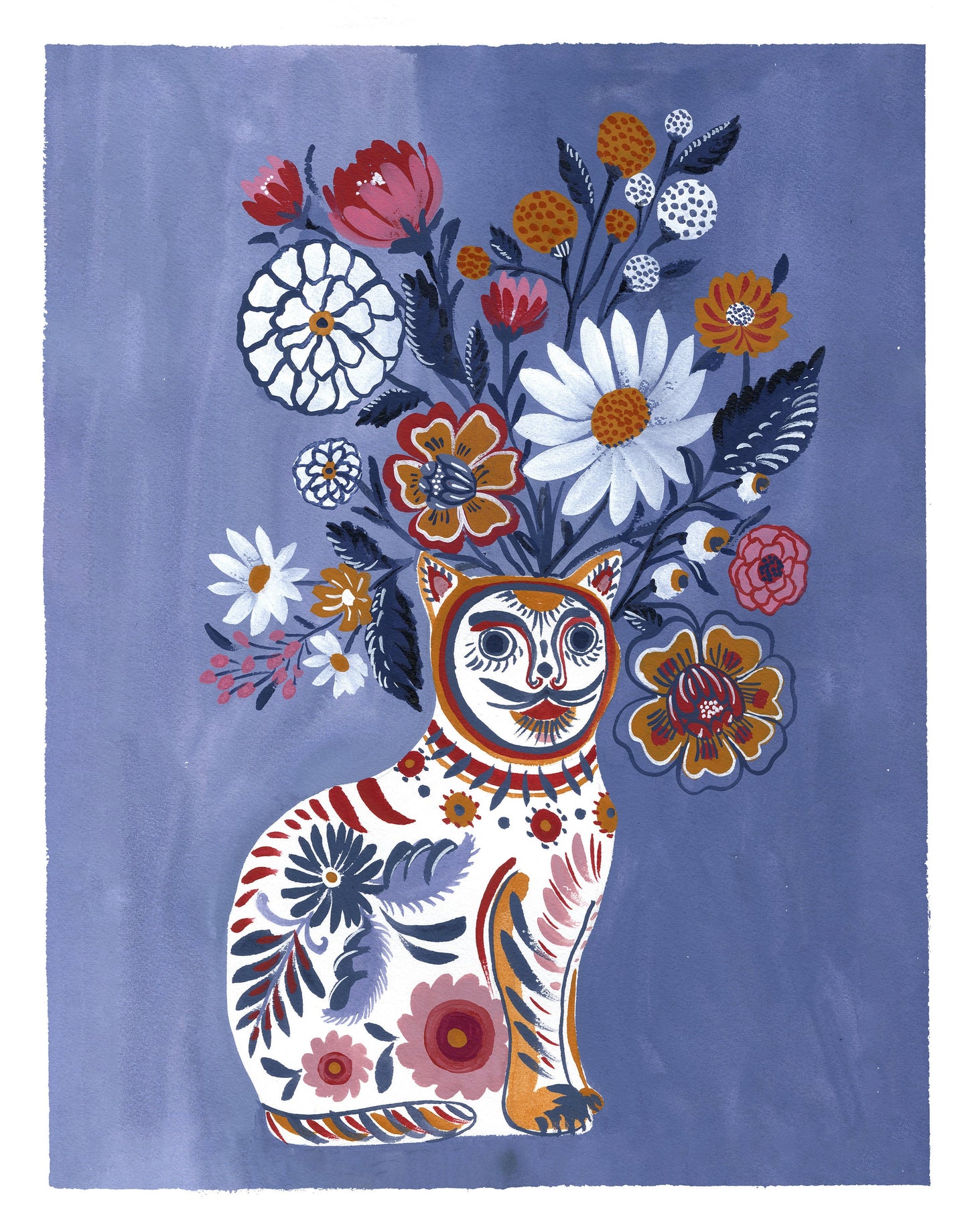 White Cat Vase and Flowers Art Print