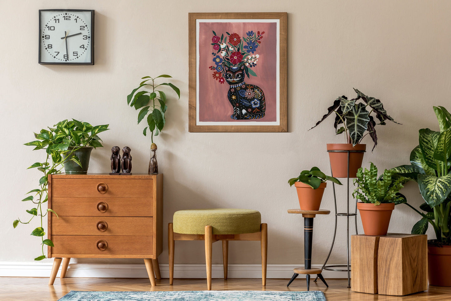 Ceramic Folk Cat Vase and Flowers -black- Art Print by Corinne Lent