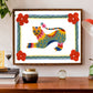 Mixed Pattern Folk Tiger with Floral Frame-black- Art Print