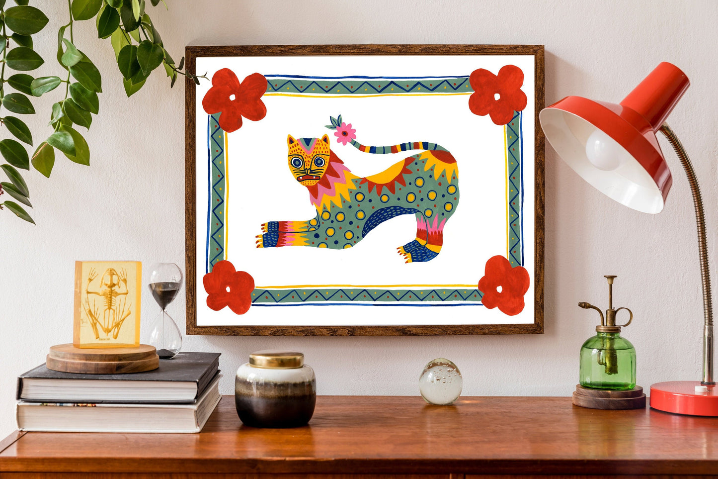 Mixed Pattern Folk Tiger with Floral Frame-black- Art Print by Corinne Lent