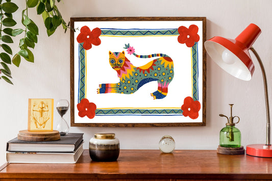 Mixed Pattern Folk Tiger with Floral Frame-black- Art Print