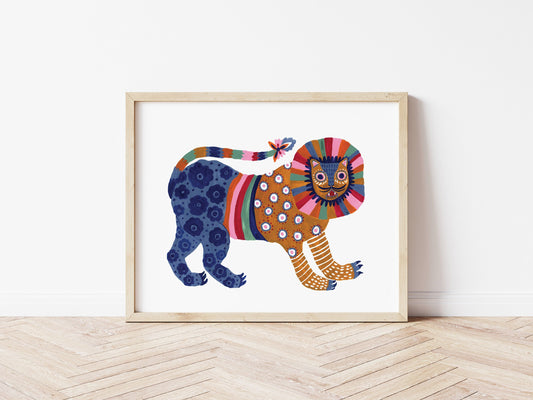 Rainbow Pattern Folk Lion  Art Print