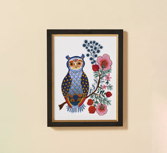 Folk Owl and Decorative Floral Tree  Art Print
