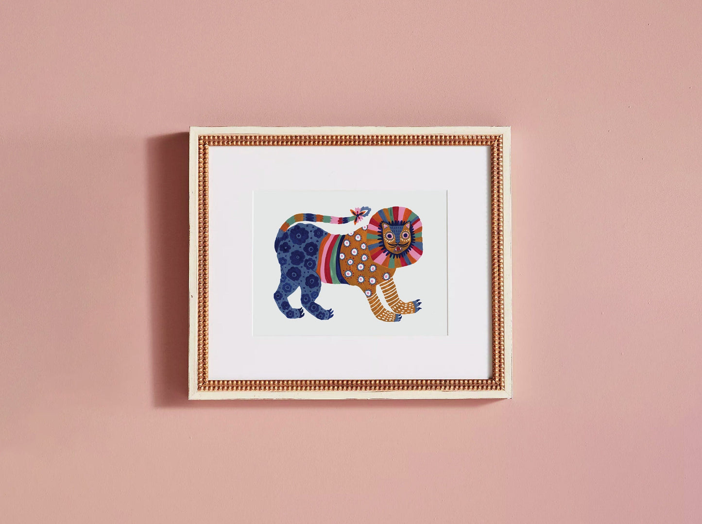 Rainbow Pattern Folk Lion  Art Print by Corinne Lent