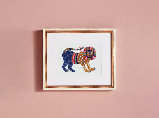 Rainbow Pattern Folk Lion  Art Print