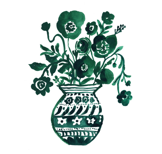 Green Watercolor Folk Floral Bouquet- Art Print