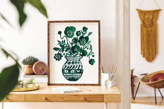 Green Watercolor Folk Floral Bouquet- Art Print