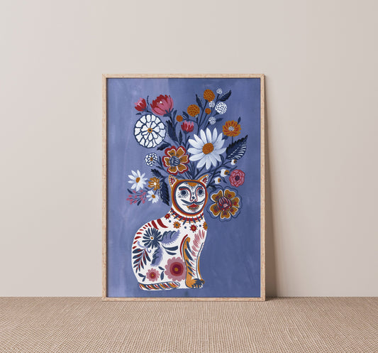 White Cat Vase and Flowers Art Print