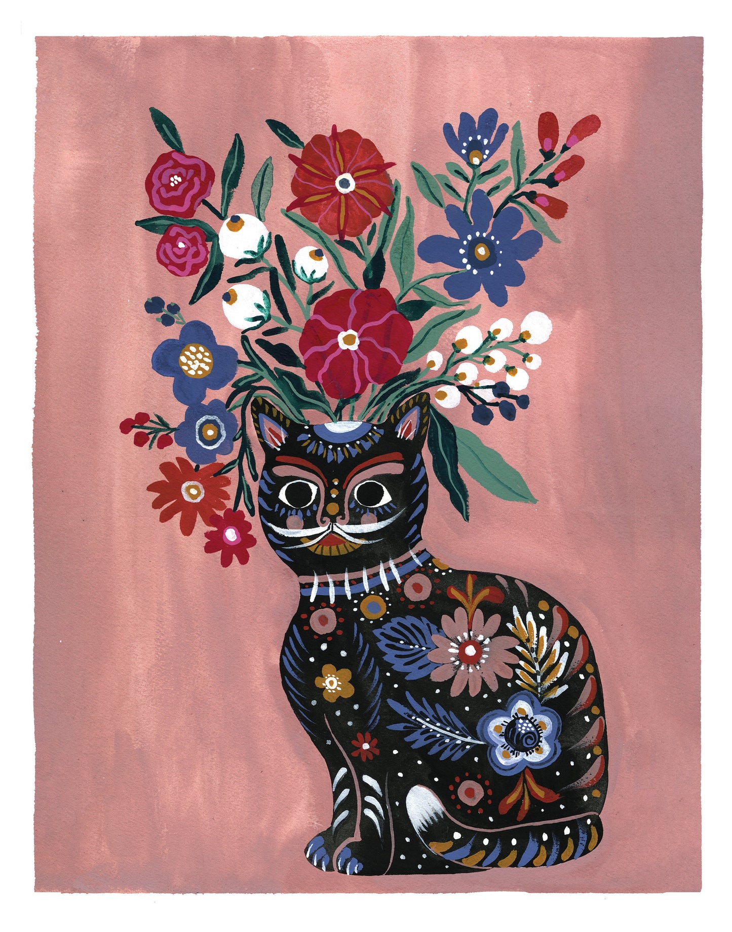 Ceramic Folk Cat Vase and Flowers -black- Art Print by Corinne Lent
