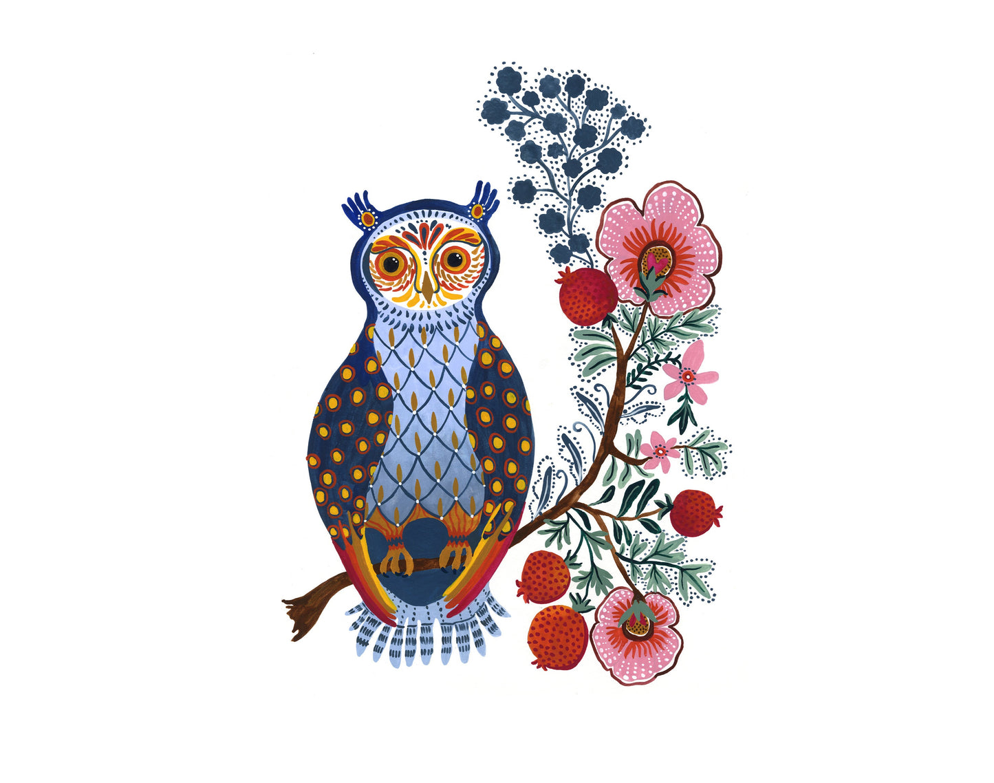 Folk Owl and Decorative Floral Tree  Art Print by Corinne Lent