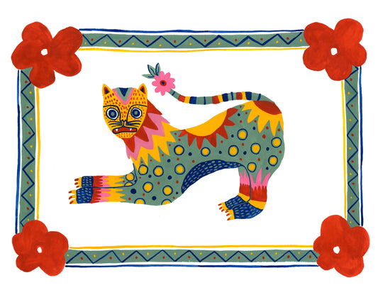 Mixed Pattern Folk Tiger with Floral Frame-black- Art Print