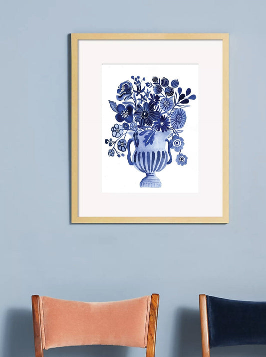 Blue Watercolor Folk Floral Bouquet- Art Print by Corinne Lent
