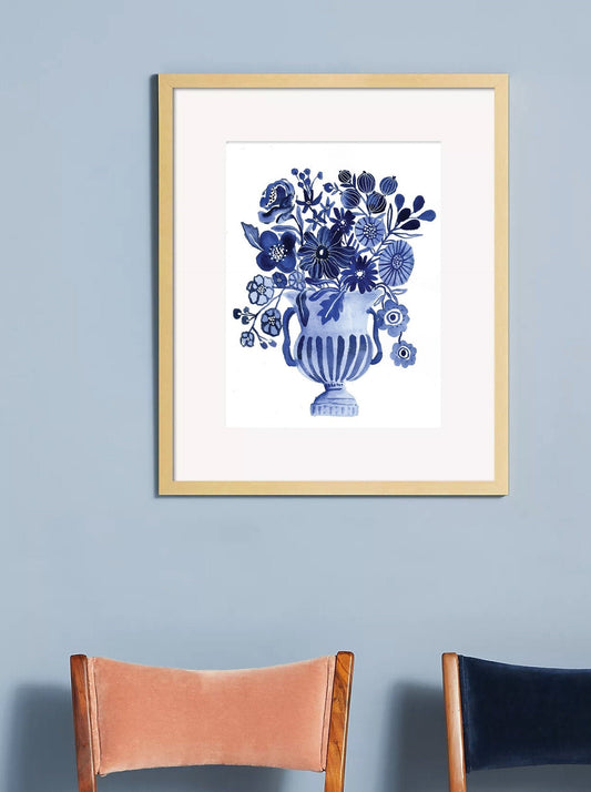 Blue Watercolor Folk Floral Bouquet- Art Print